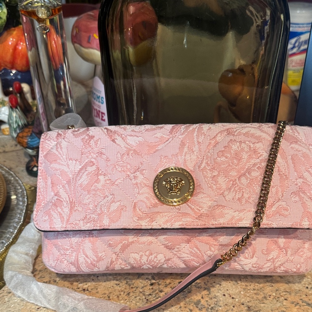 Brand new Versace Pink Floral Fabric Shoulder Bag  with Gold Chain